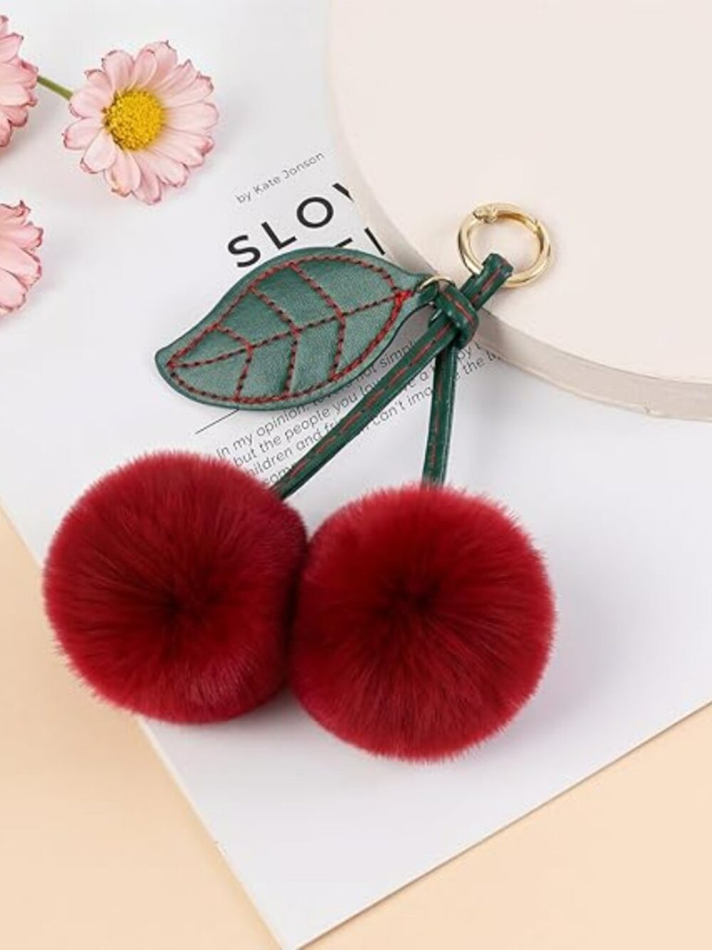 Red Cherry Pom Pom Keychain Cherries Trendy Purse Charm